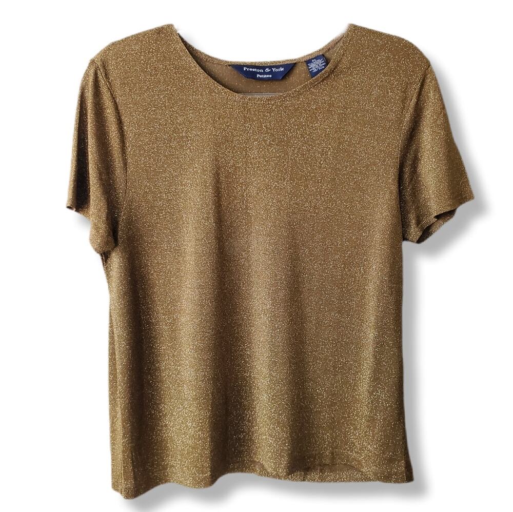 Women VTG 90s Sparkle Stretch Knit Brown Tee Shirt Top PL Cocktail Party Holiday